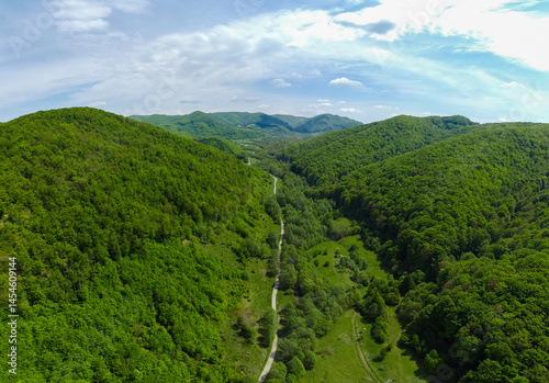 Obraz na płótnie Aerial view of a valley between hills with green deciduous forests w salonie