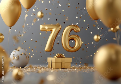 Festive Celebration Balloon Decor with Golden Number 76 and Confetti