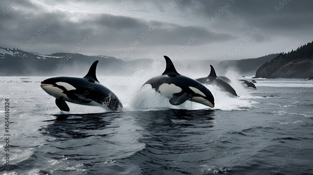 Fototapeta premium orca whales jumping out of water