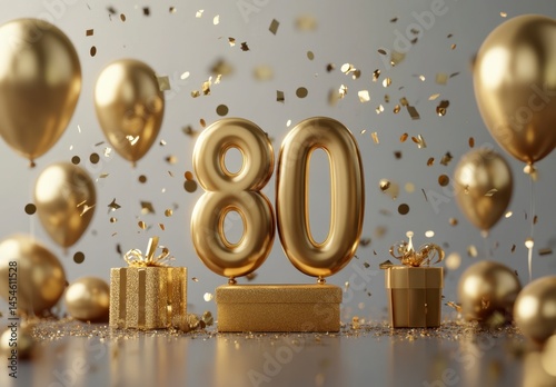 Golden Celebration for Eighty Years with Balloons and Confetti