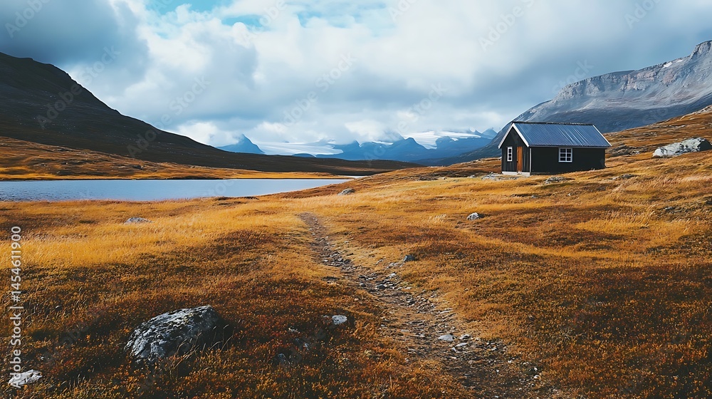 Obraz premium A serene mountain cabin nestled by a tranquil lake.