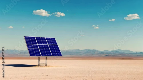 Solar panels installed in a vast desert landscape under a clear blue sky with distant mountains
