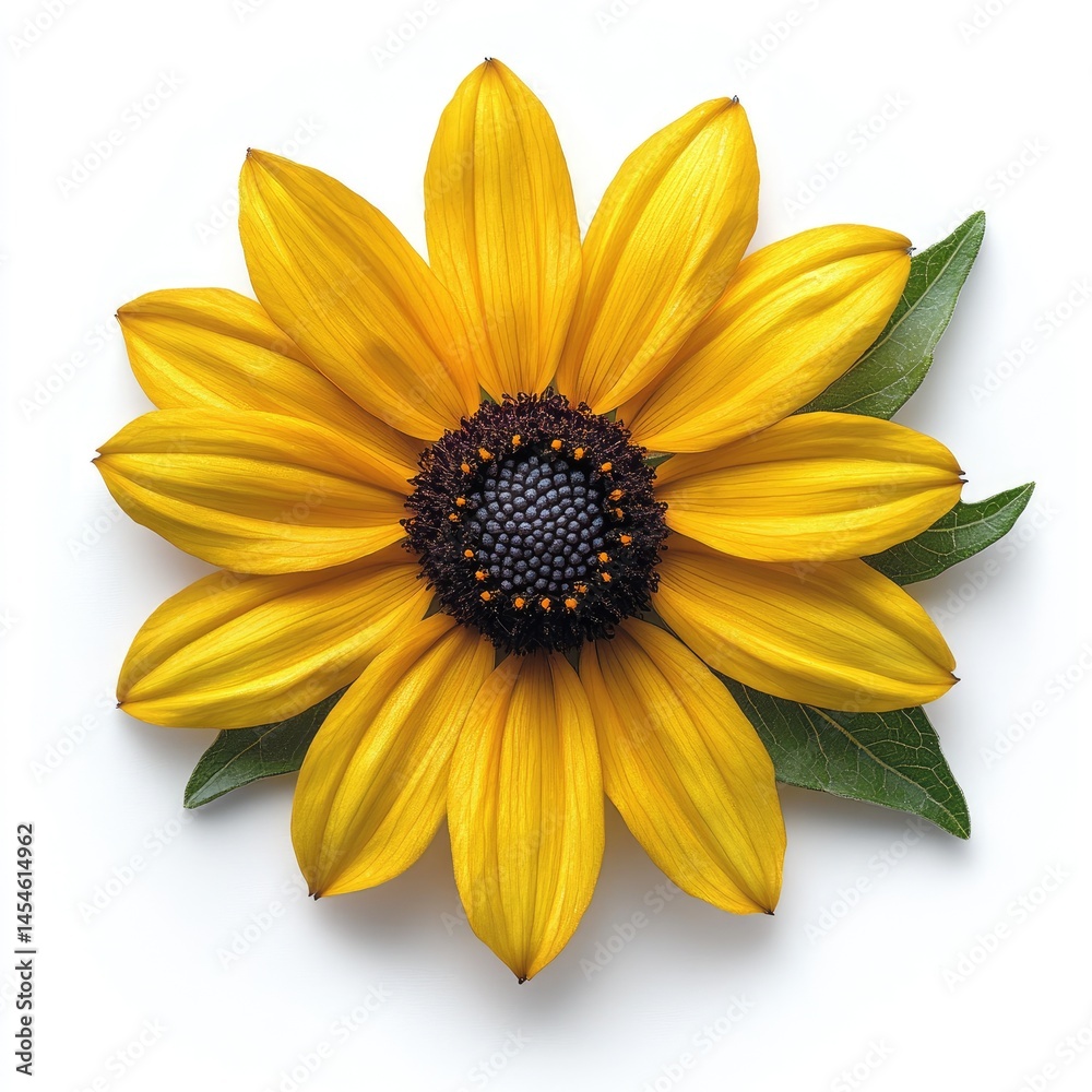 Obraz premium Bright yellow flower blossom, dark center and some green leaves on plain background