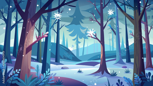 A hush falls over the woods as snowflakes drift gently through the trees