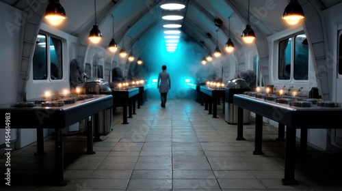 Futuristic spaceship corridor with ambient lighting, metallic counters, and a lone woman walking in the center