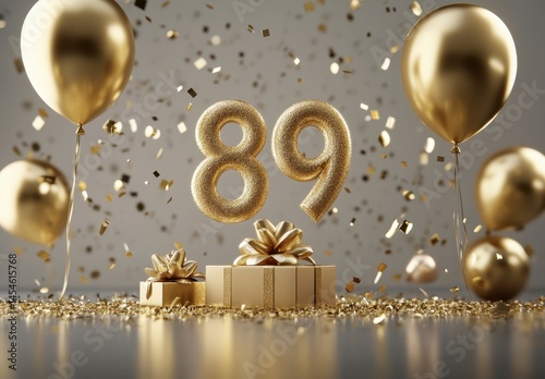 Golden Celebration Theme with Bright Balloons and Sparkling Number 89