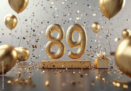 Golden Celebration with Number 89 Balloons and Confetti Display