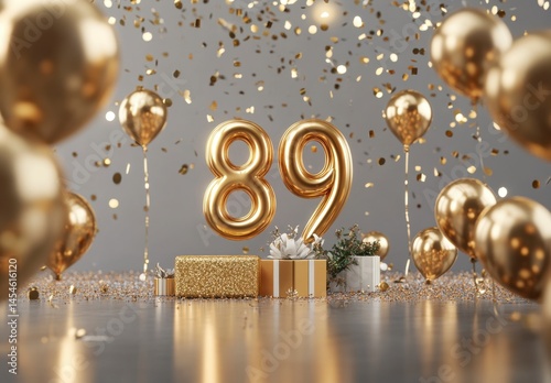 Golden 89 Celebration Scene with Balloons and Festive Decorations