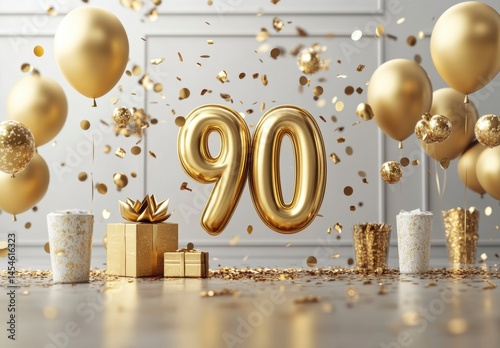 Celebration of 90th Birthday with Gold Balloons and Decorations