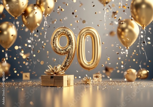 Golden 90th Birthday Celebration with Balloons and Confetti Decoration