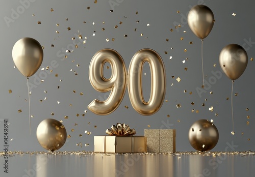 Golden Number Ninety Celebration with Balloons and Gift Box