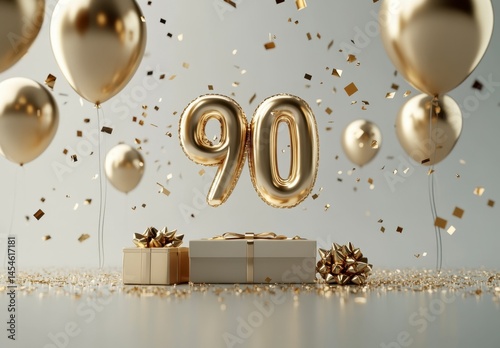 Golden 90th Birthday Celebration with Balloons and Festive Decor