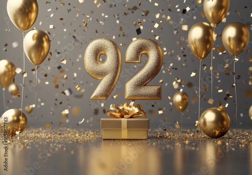Golden 92 Celebration with Balloons and Confetti for Milestone Event