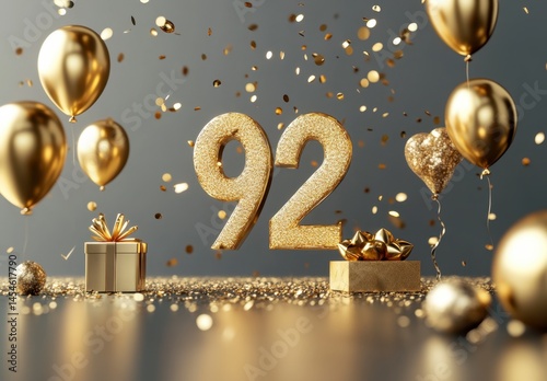 Celebratory Scene with Golden Balloons, Gifts, and Number Ninety-Two