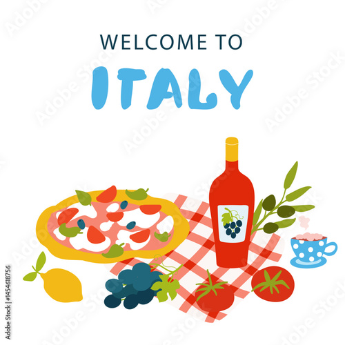 Welcome to Italy . Summer travel. Greeting card