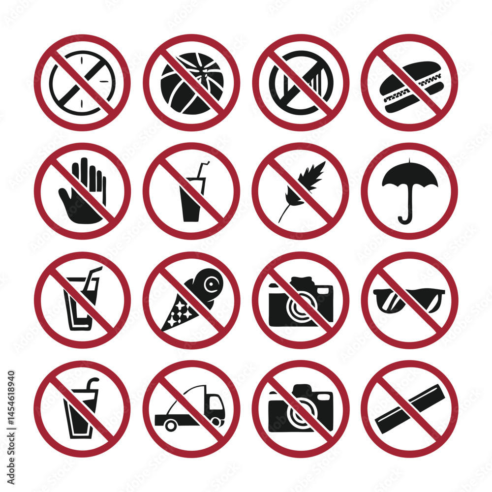 Prohibition icon set red forbidden warning signs & not allowed symbols on a white background Prohibition icon set red forbidden warning signs & not allowed symbols on a white background
