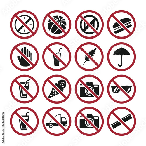 Prohibition icon set red forbidden warning signs & not allowed symbols on a white background