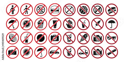 Prohibition icon set red forbidden warning signs & not allowed symbols on a white background
