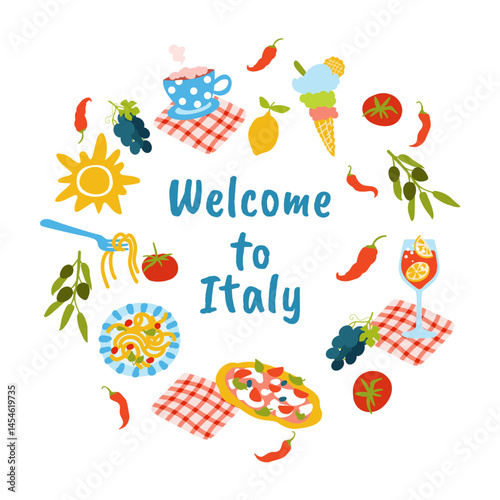 Welcome to Italy . Summer travel. Greeting card
