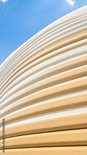 Abstract curved structure with horizontal, beige and white stripes against a clear blue sky