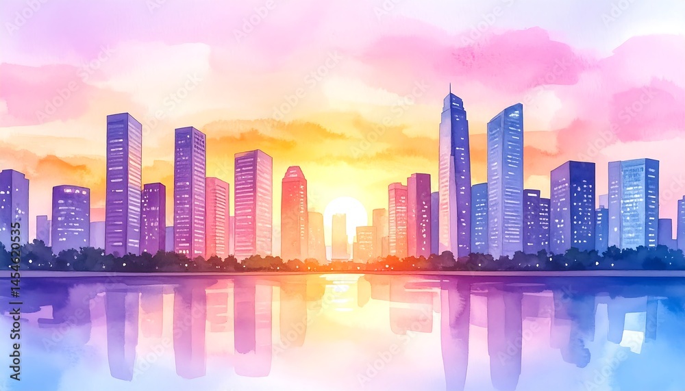 Fototapeta premium Cityscape Sunset: Watercolor Skyline Reflection