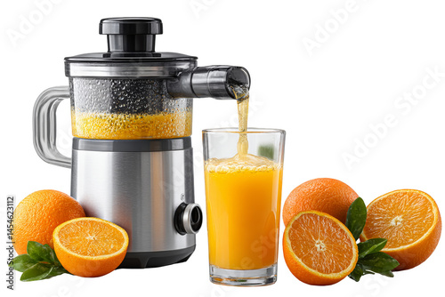 Refreshing orange juice preparation kitchen food photography bright environment close-up view transparent juicer in action