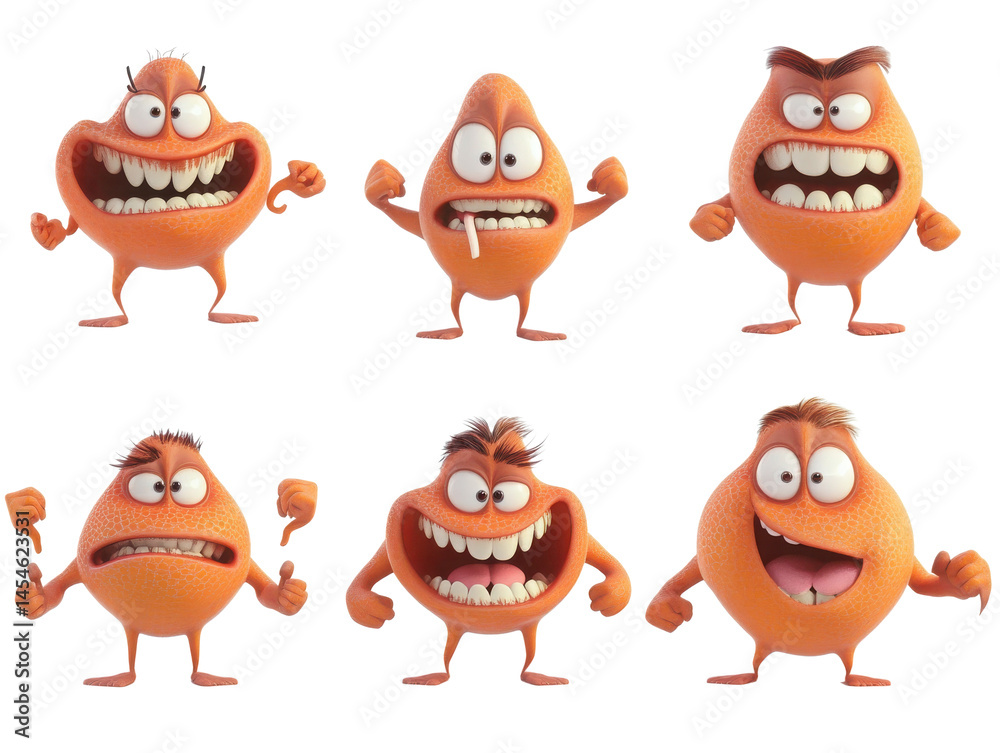 Fototapeta premium Orange characters with expressions on transparent background