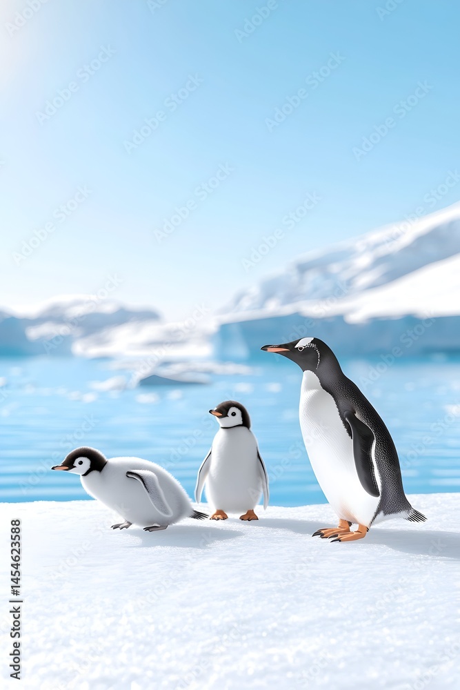 Fototapeta premium Three penguins on snowy ground near icy water and mountains