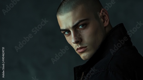 Young man with shaved head, black jacket, intense gaze, minimal backdrop, realistic photo lighting