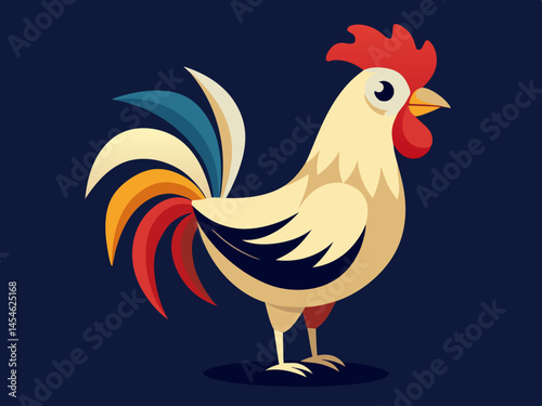 Stylized Rooster Illustration Colorful Tail Feathers Farm Animal