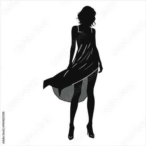A stylish black and gray vector silhouette of a woman wearing a flowing, midi-length dress.