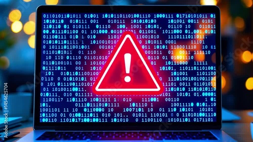 A laptop displaying a warning symbol over binary code, set in a cozy, illuminated workspace