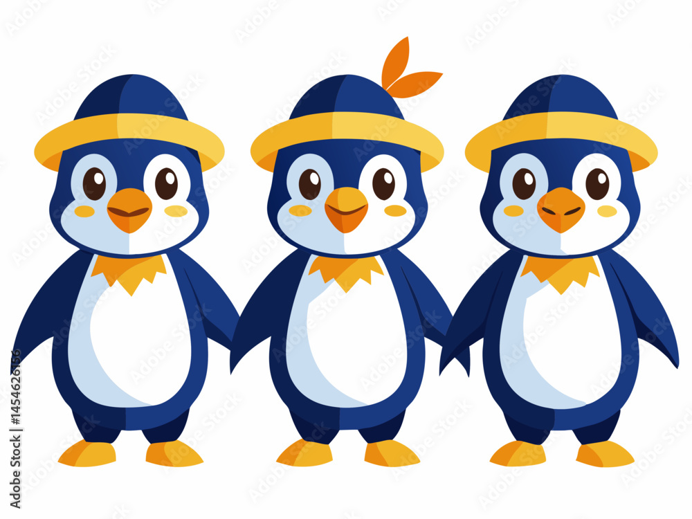 Fototapeta premium Three Adorable Cartoon Penguins Wearing Hats Holding Hands