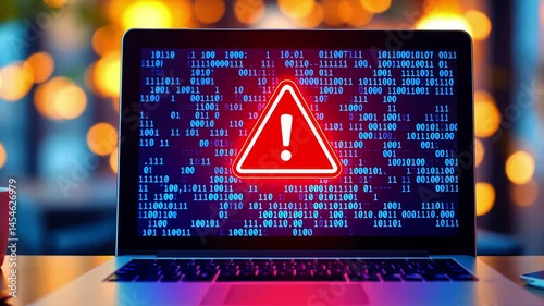 A laptop displaying a warning symbol on a digital screen with a blurred festive background