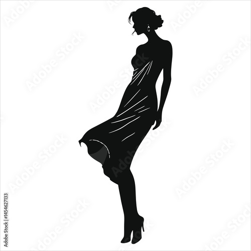 A stylish black and white vector  silhouette of a woman in a flowing dress, perfect for fashion, design, or beauty-related projects.