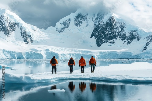 Group explores icy landscape with distant mountains. Adventure and exploration on the frozen ice floe.