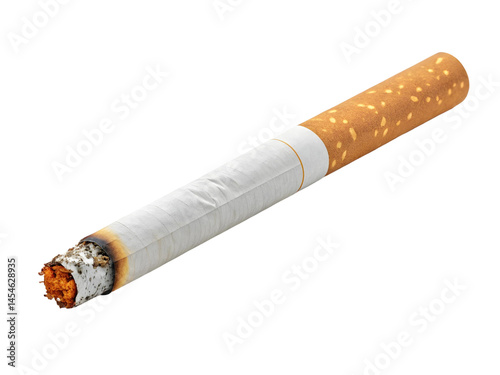 Close up of a single lit cigarette on a transparent background for smoking and health awareness concepts