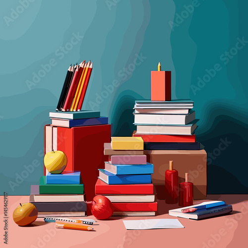 Vector illustration with a set of school supplies: notebooks, pens, pencils, rulers, books, textbooks and other items for studying. Bright and educational design.