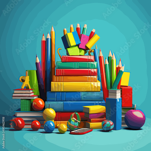 Vector illustration with a set of school supplies: notebooks, pens, pencils, rulers, books, textbooks and other items for studying. Bright and educational design.