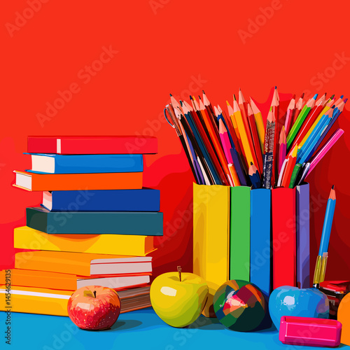 Vector illustration with a set of school supplies: notebooks, pens, pencils, rulers, books, textbooks and other items for studying. Bright and educational design.