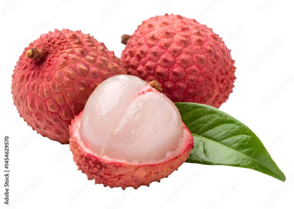 Fresh lychee fruit with green leaf isolated on transparent background healthy sweet tropical food close up view Fresh lychee fruit with green leaf isolated on transparent background healthy sweet tropical food close up view