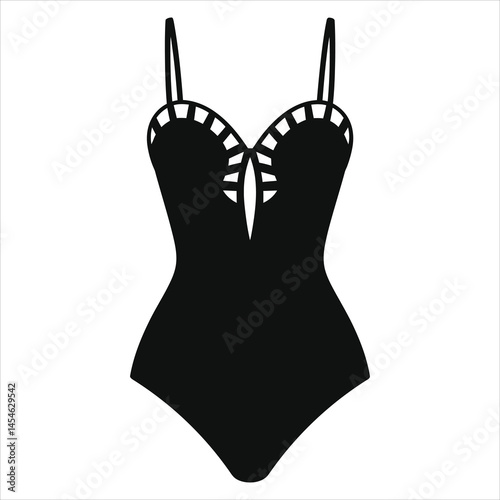  A graphic silhouette illustration of a black one-piece swimsuit, featuring intricate white detailing on the bodice./Stylish Black One-Piece Swimsuit Design..