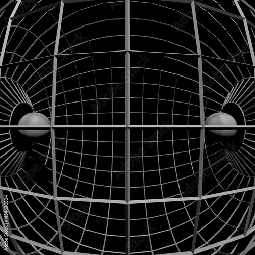 Illustration of a mysterious sphere with a linear pattern on a black background, rendered in various angles