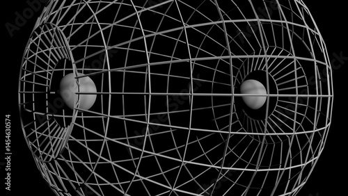 Illustration of a mysterious sphere with a linear pattern on a black background, rendered in various angles