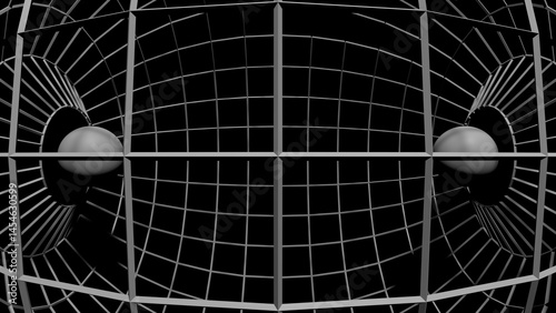 Illustration of a mysterious sphere with a linear pattern on a black background, rendered in various angles