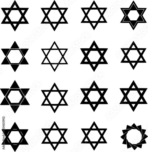 Six-pointed star icons. Collection of 16 hexagram symbols isolated on a white background. Star of David icons. Vector illustration
