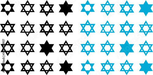 Six-pointed star icons. Collection of 16 hexagram symbols isolated on a white background. Star of David icons. Vector illustration
