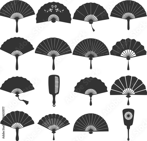 Hand fan icons. Collection of handheld icons isolated on a white background. Icons of folding and rigid fans. Vector illustration.

