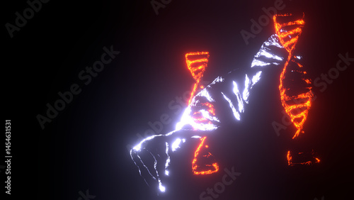 Illustration of three glowing 3d model of DNA Molecule Gene Structure in white and red on a black background