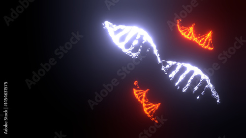 Illustration of three glowing 3d model of DNA Molecule Gene Structure in white and red on a black background